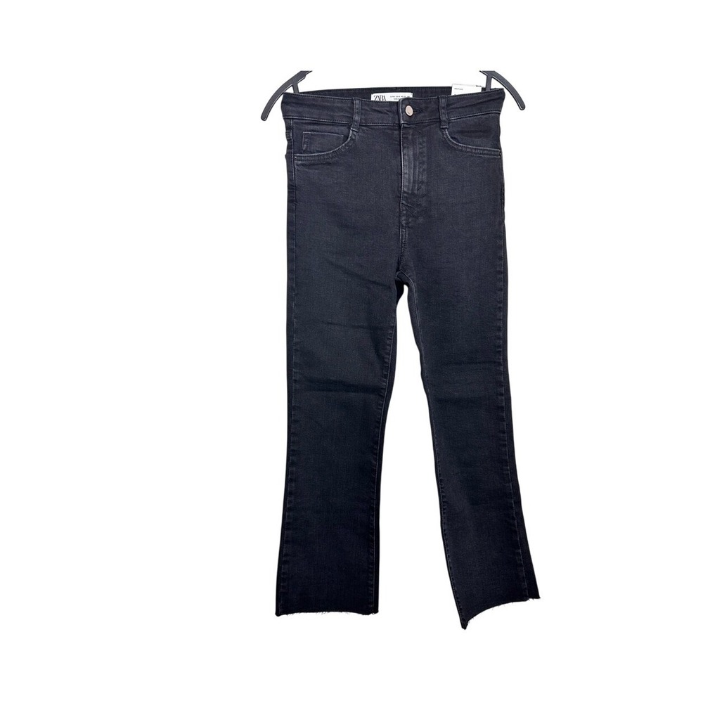 Zara Mini Flare High Rise Ankle Jeans Black Raw Hem 6147/121 Womens Sizeโ 4